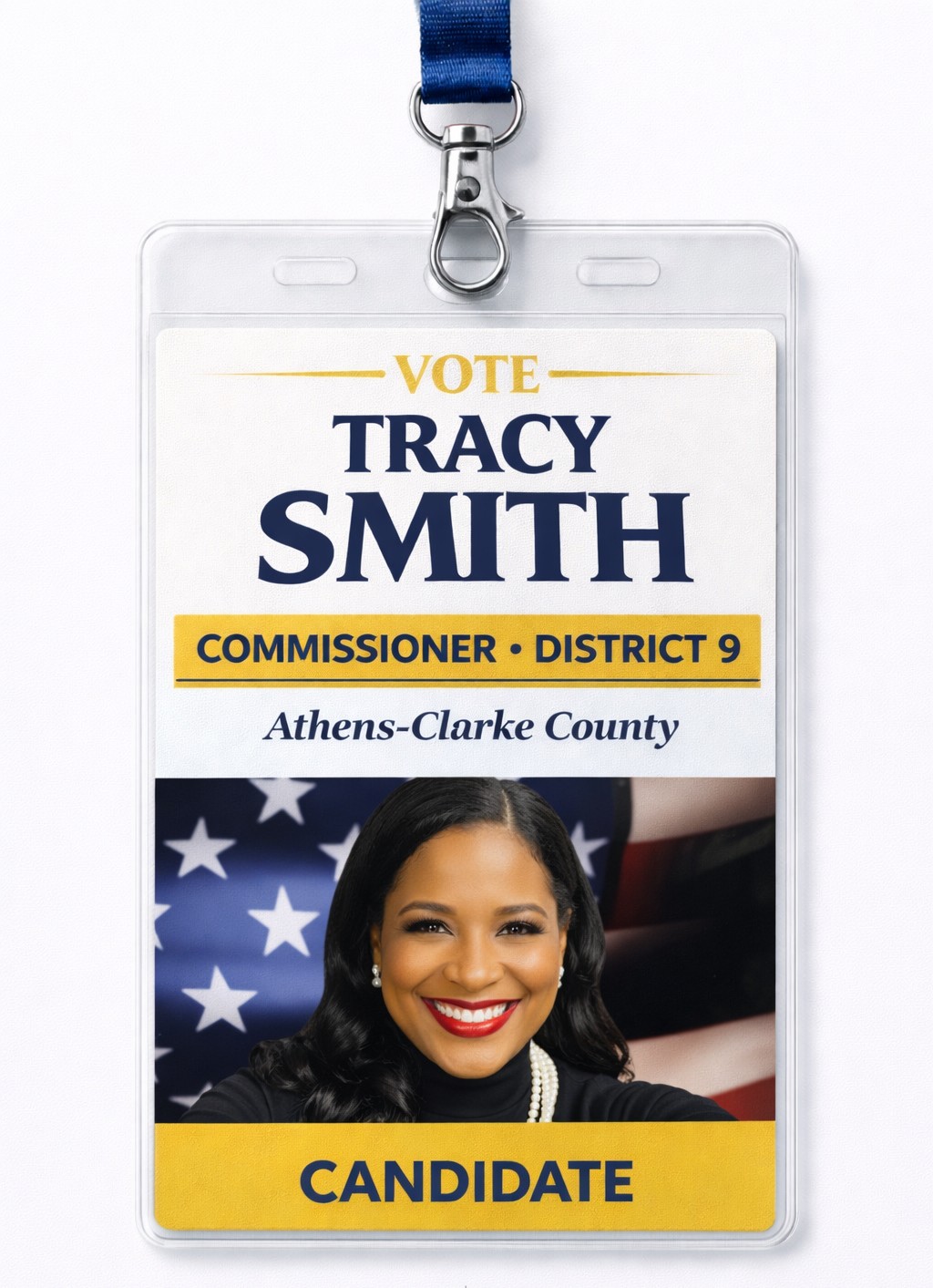 Campaign badge for Tracy Smith, District 9 Commissioner.