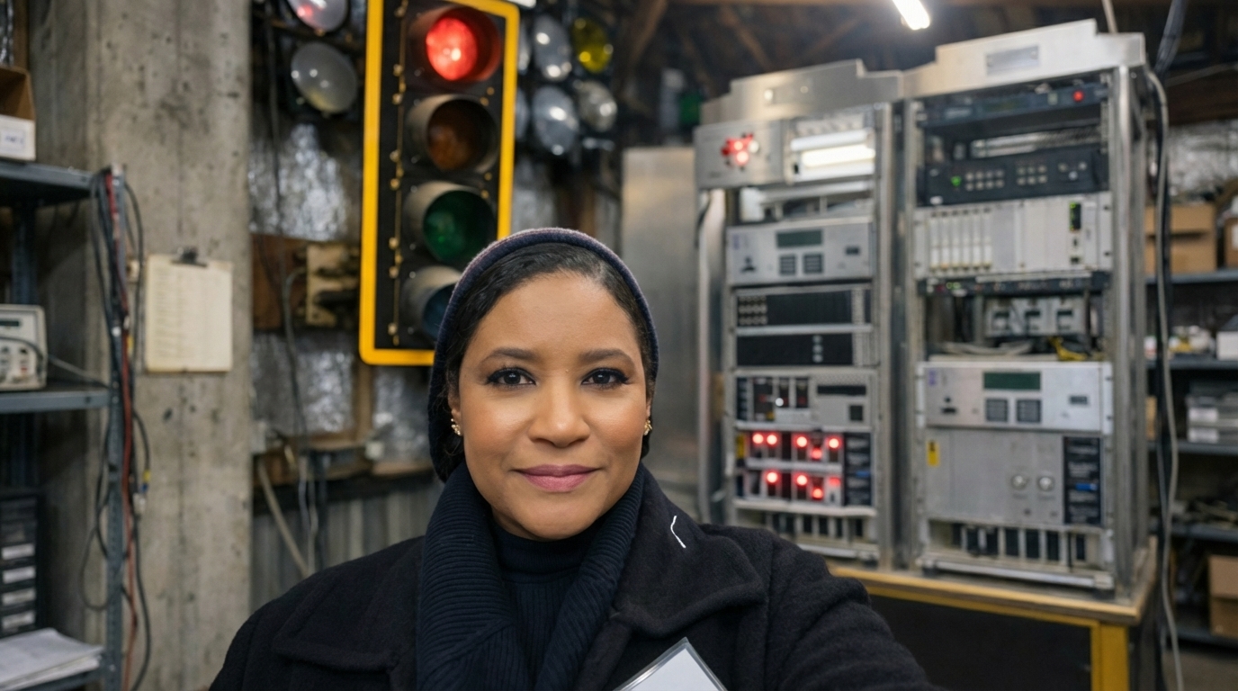 A woman wearing a hijab stands inside a control room with electronic equipment.