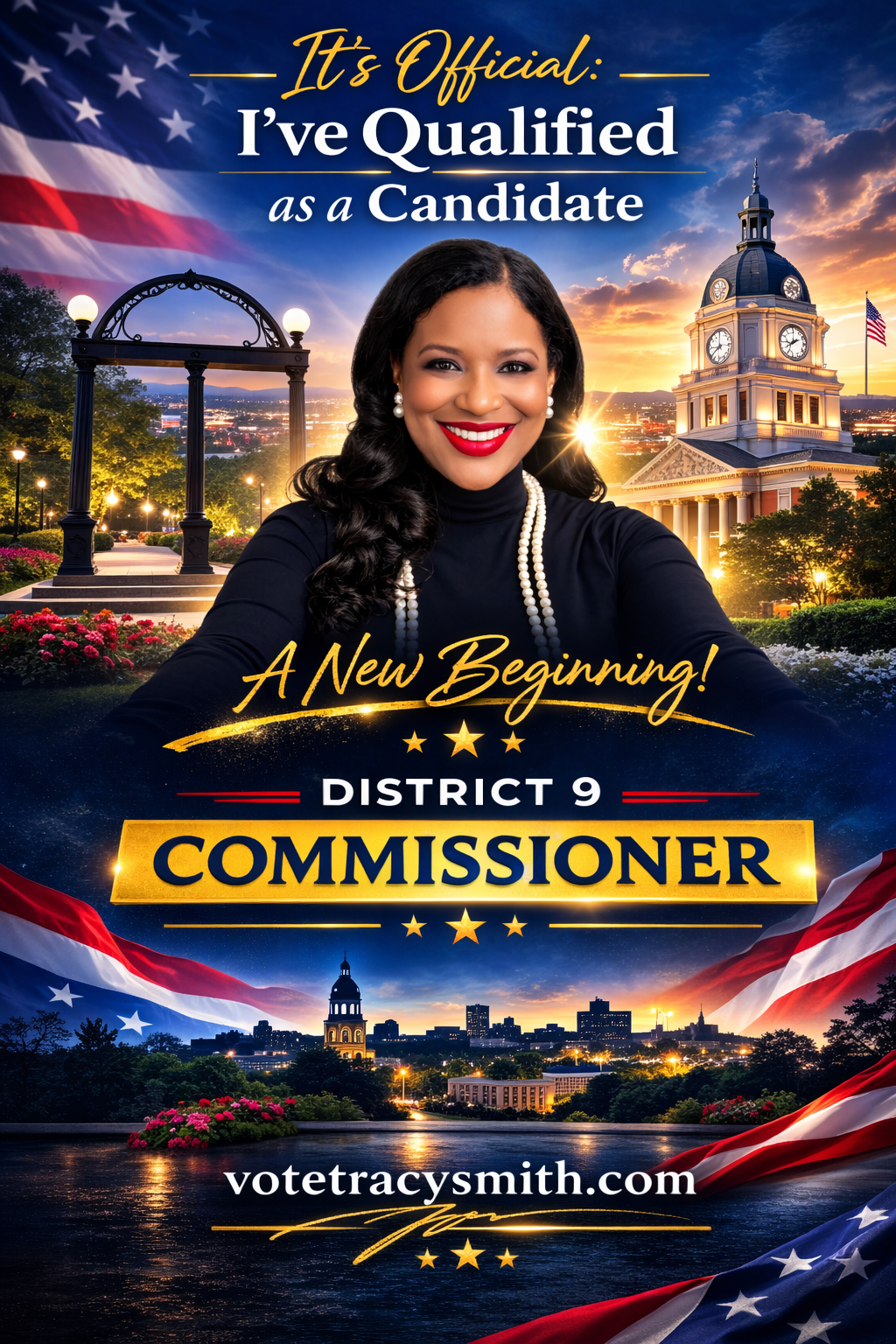 Campaign poster for District 9 Commissioner featuring a smiling woman at sunset.