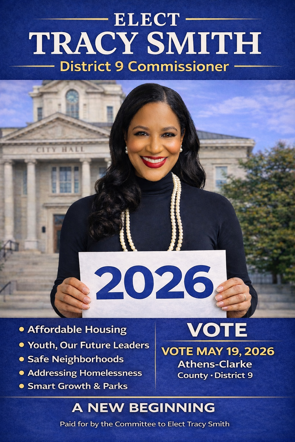 A woman holds a sign encouraging voting for affordable housing and youth programs in 2026.