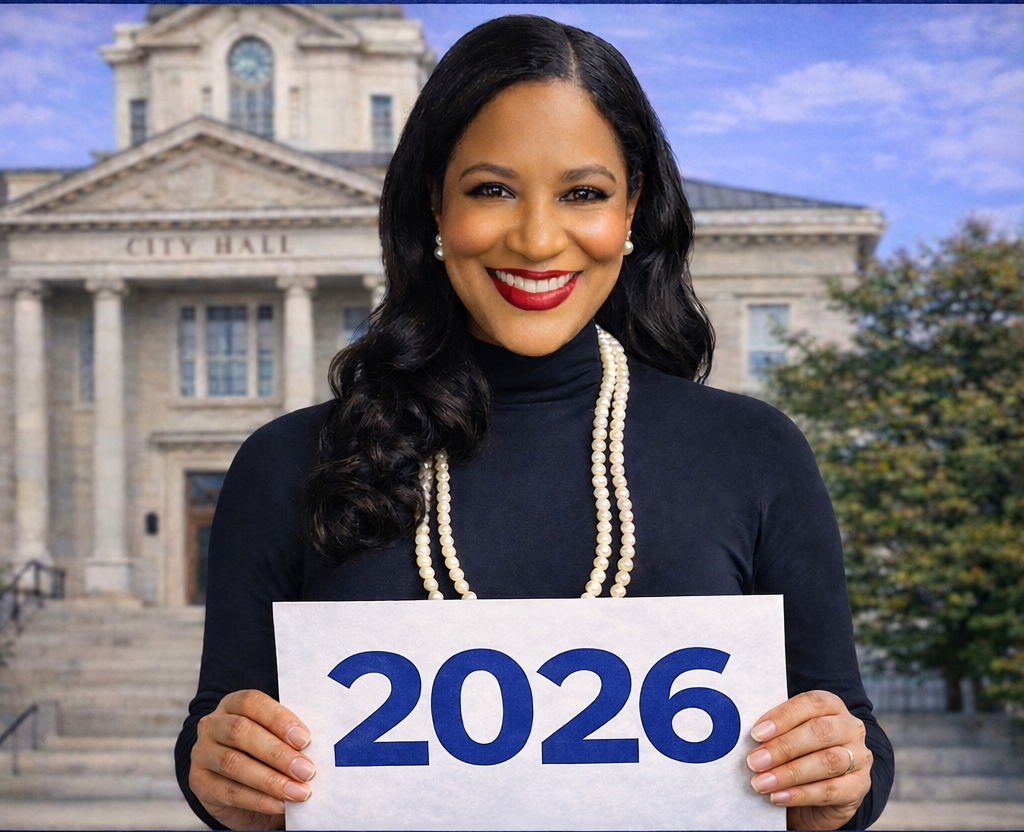 Smiling woman holding a sign with '2026' in front of a historic building.