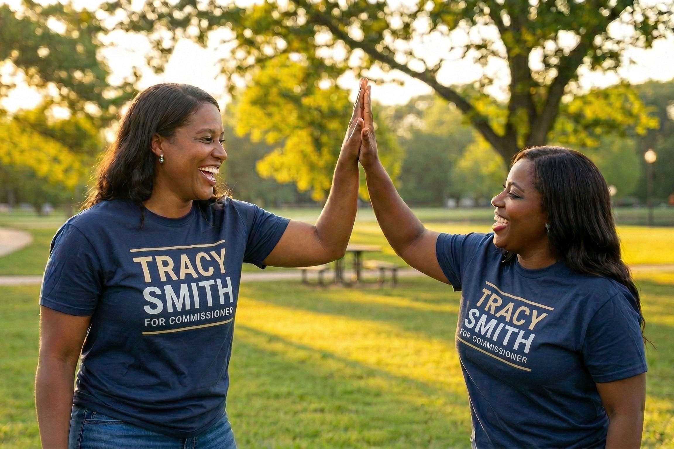 Two women in matching Tracy Smith t-shirts high-five outdoors.