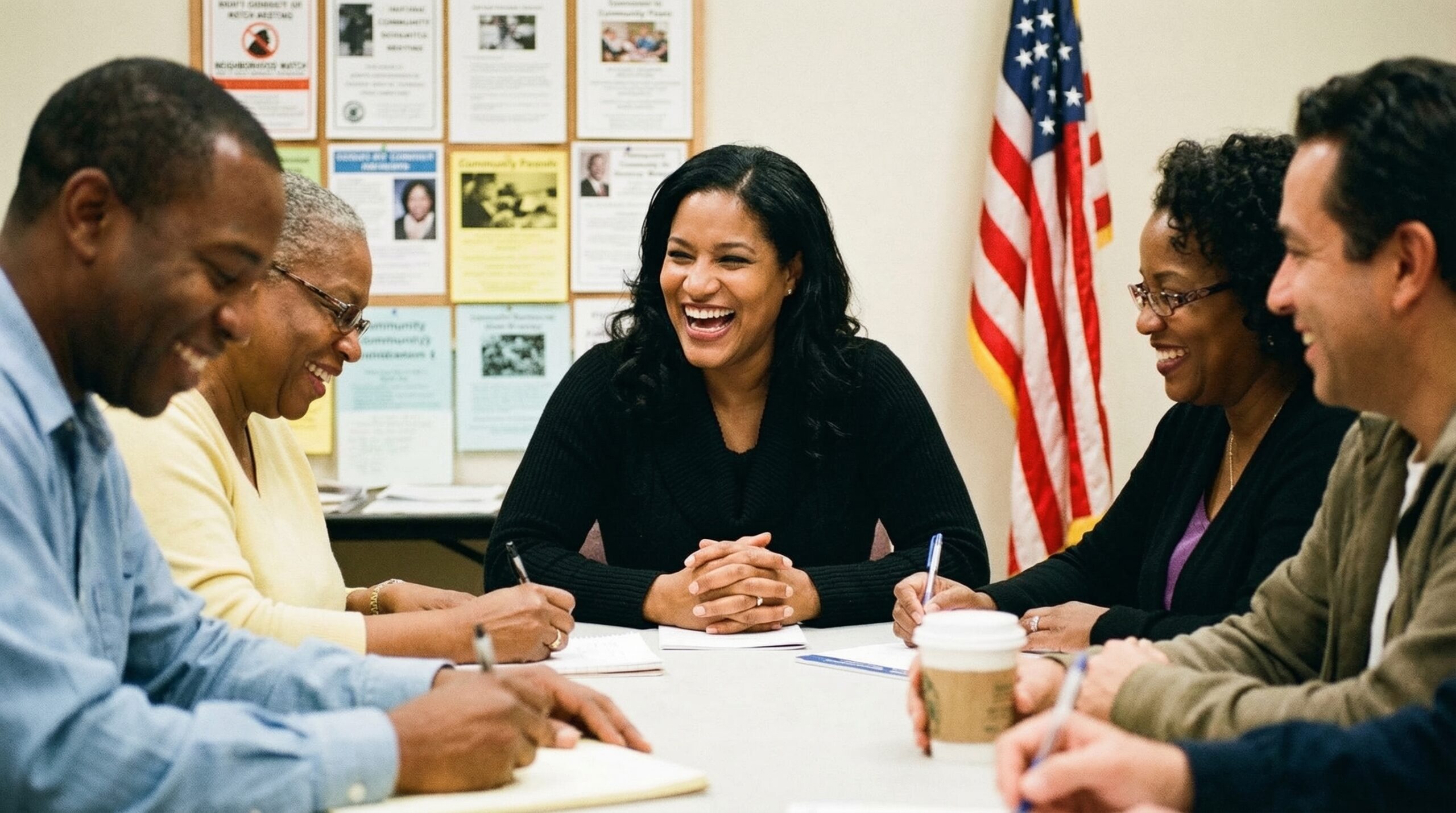 A woman smiling during a meeting with colleagues around a table.
