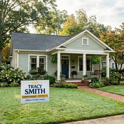 Charming house with a political campaign sign in the front yard.