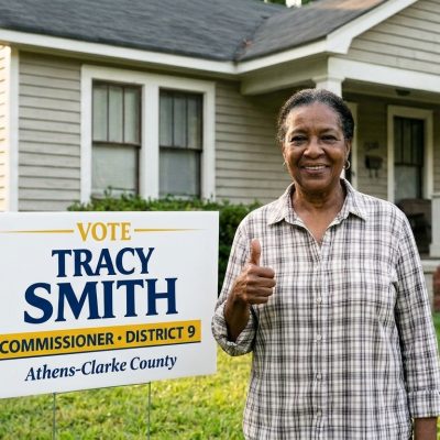 Woman standing in front of a house holding a Vote Tracy Smith campaign sign.
