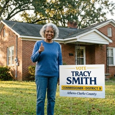 An elderly woman stands outside a brick house holding a campaign sign.