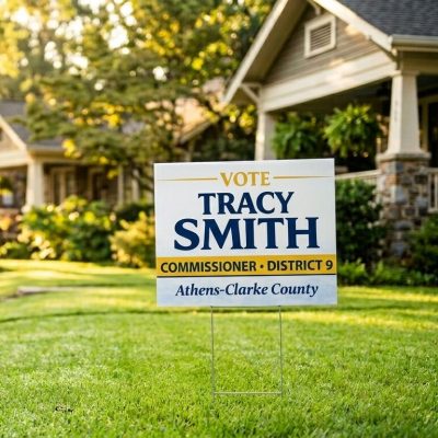 A political campaign sign for Tracy Smith in a residential yard.