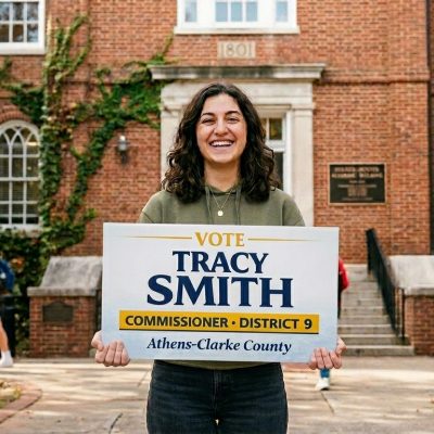 A woman holding a campaign sign for Tracy Smith in front of a brick building.