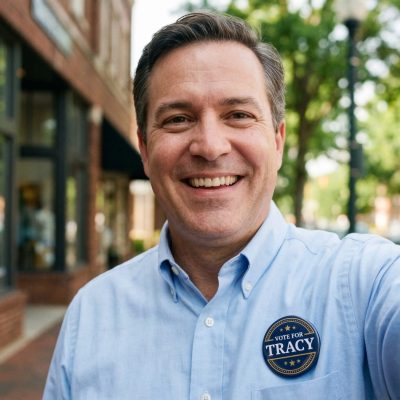Smiling man outdoors wearing a "Tracy for Mayor" button.