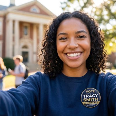 Smiling woman wearing a 'Vote Tracy Smith' shirt outdoors.